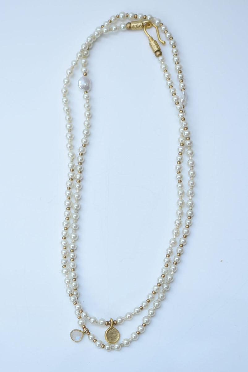 moon stone charm×glass pearl long necklace（2WAY）